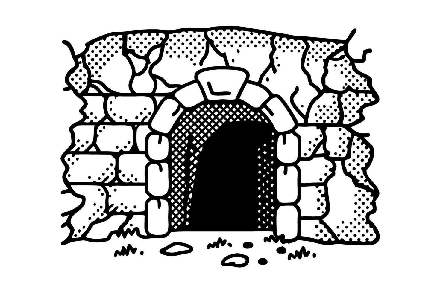 Ancient stone tunnel entrance amidst cracked rocky wall with shadowy interior vector