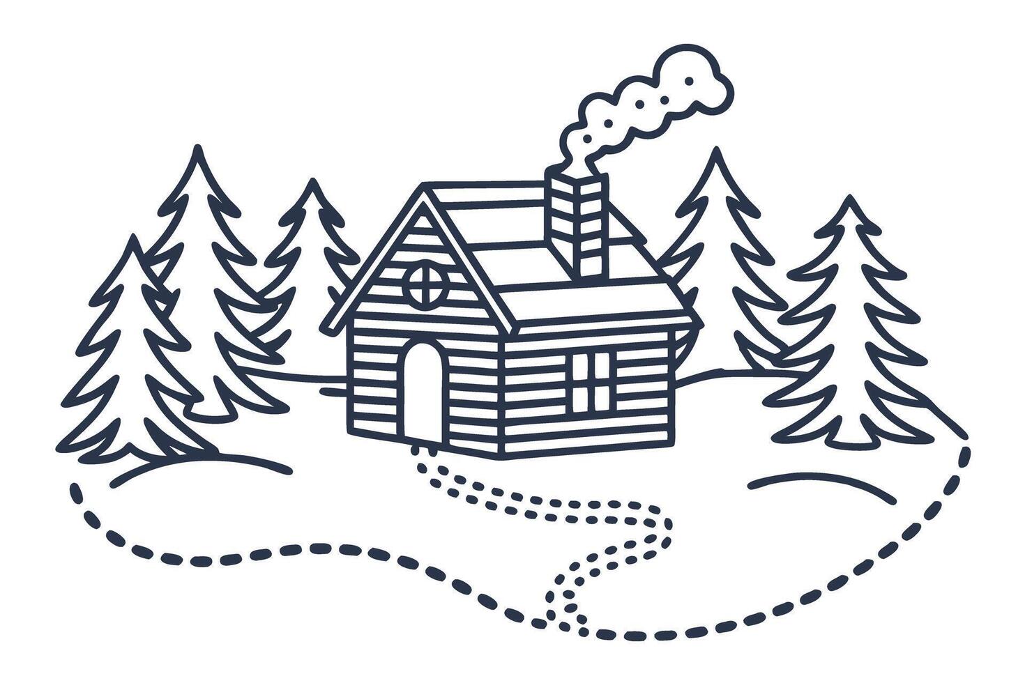 cozy cabin in winter wonderland rustic log house, snow capped trees and winding path vector
