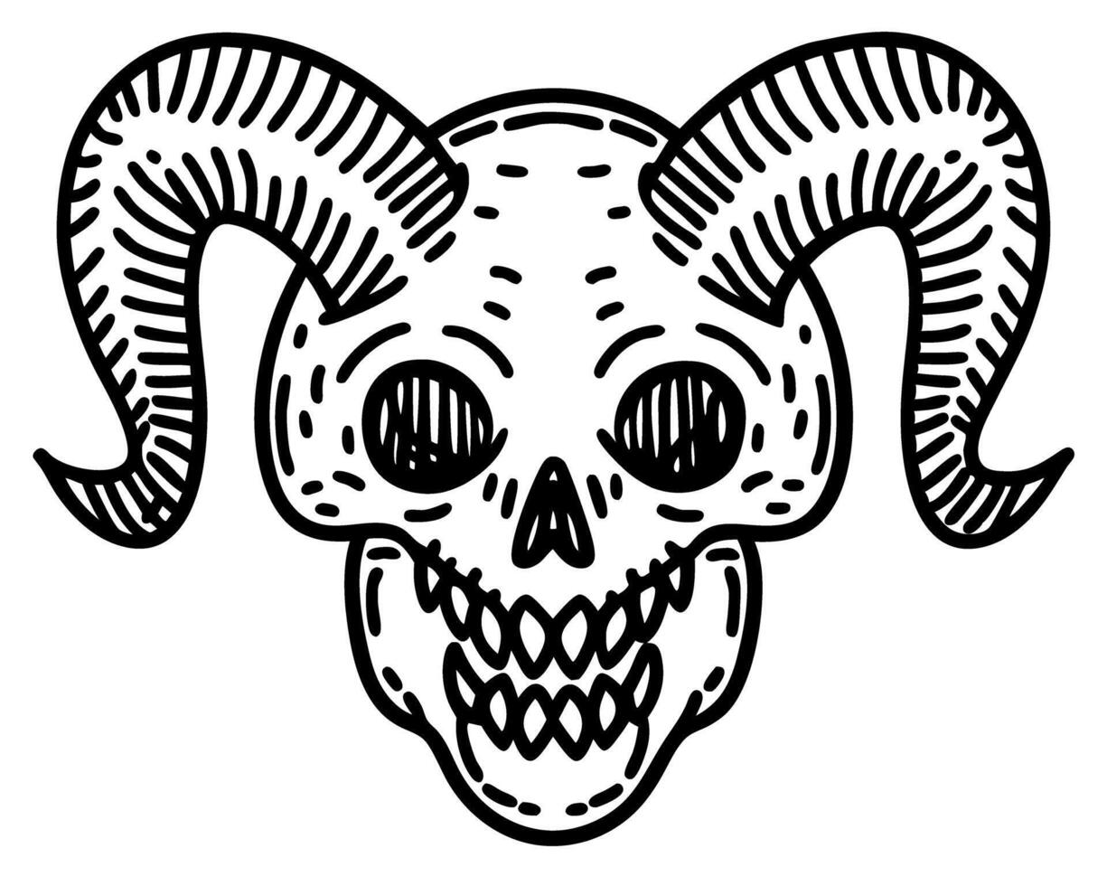 Detailed skull with horns illustration black and white graphic design, gothic artwork vector