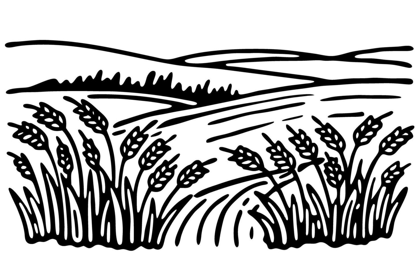 Black and white wheat field illustration with rolling hills landscape design vector