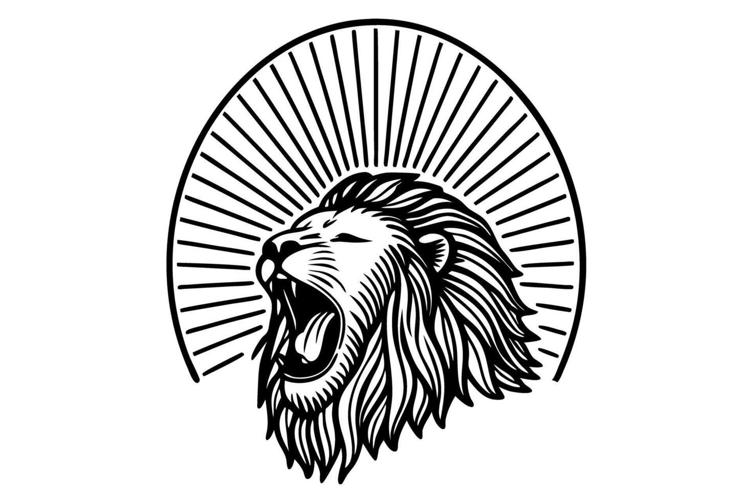 Roaring lion emblem with radiant sunburst design in classic monochrome vector