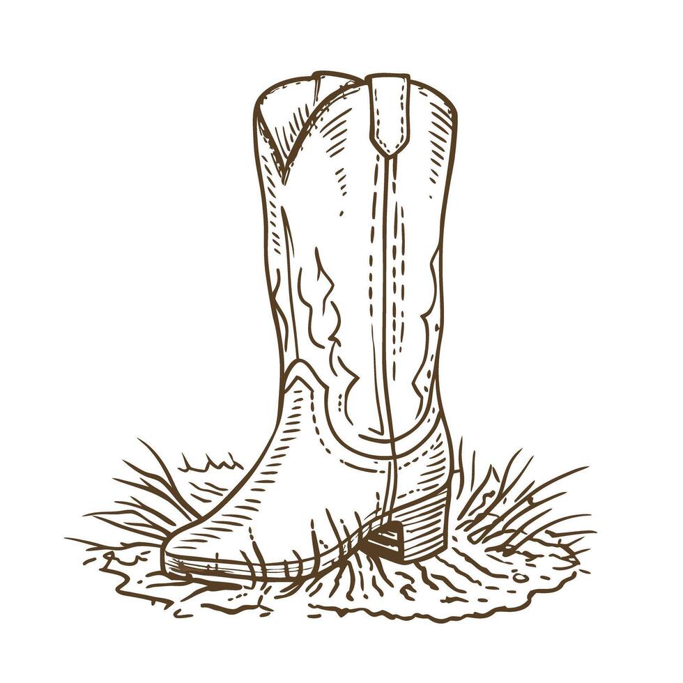 rustic cowboy boot illustration on grass, western footwear and country design vector