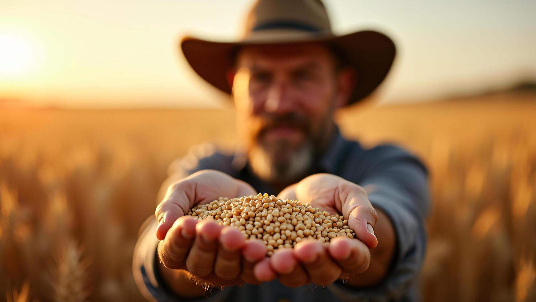 Man Holding Seeds in Hands in Grain Field photo