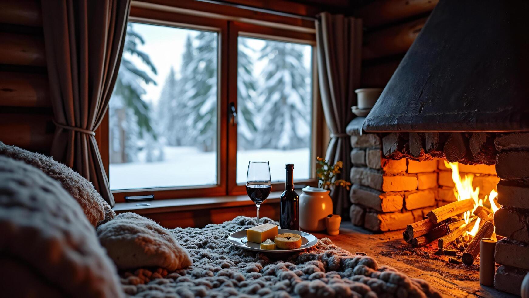Interior of Log Cabin with Fireplace, Food, and Snowy Window View photo