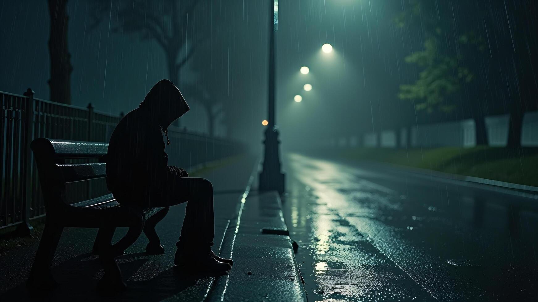 Hooded Figure Sitting on Bench in Rain at Night photo