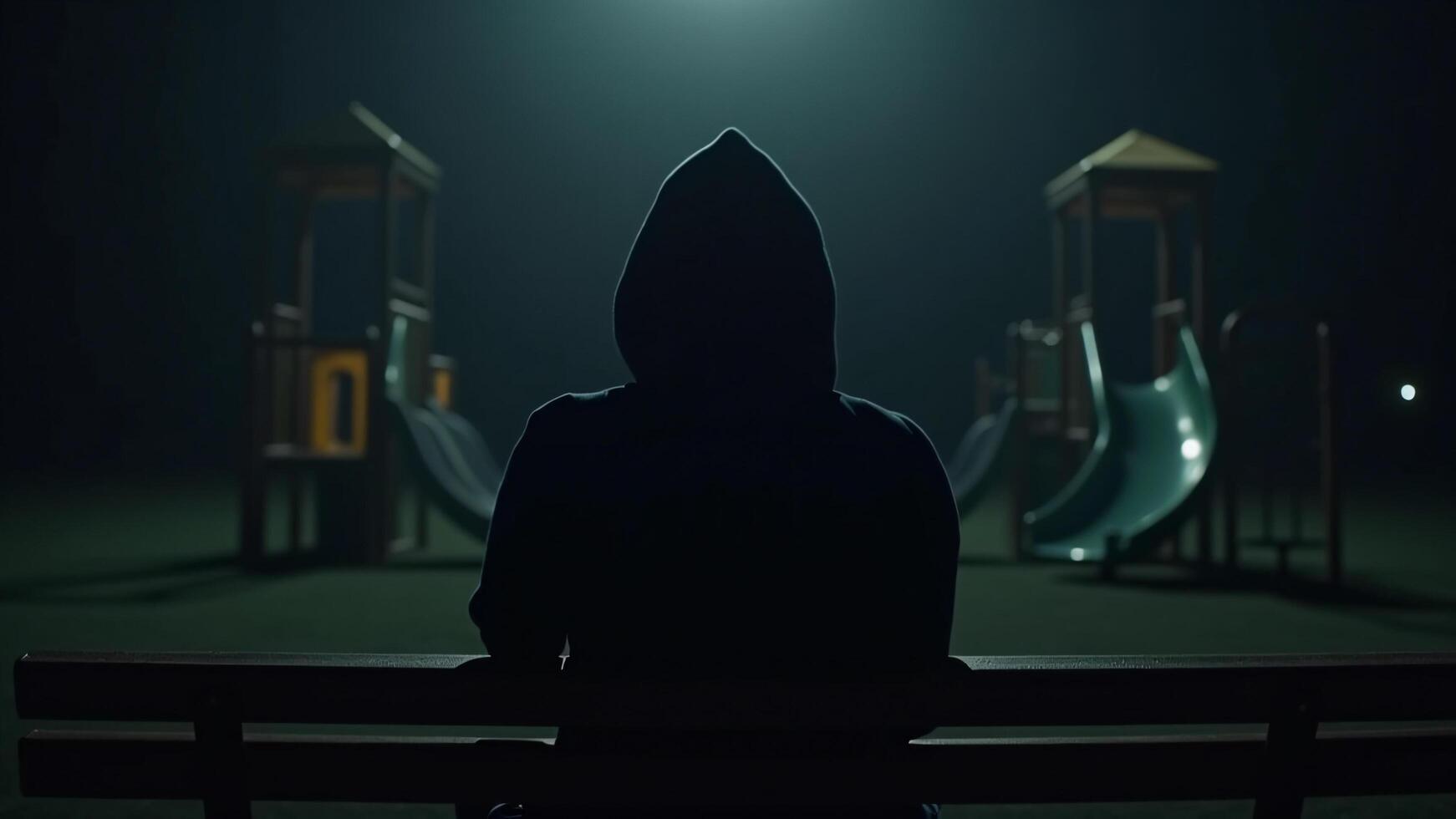 Person with Hood on Bench in Dark Playground photo