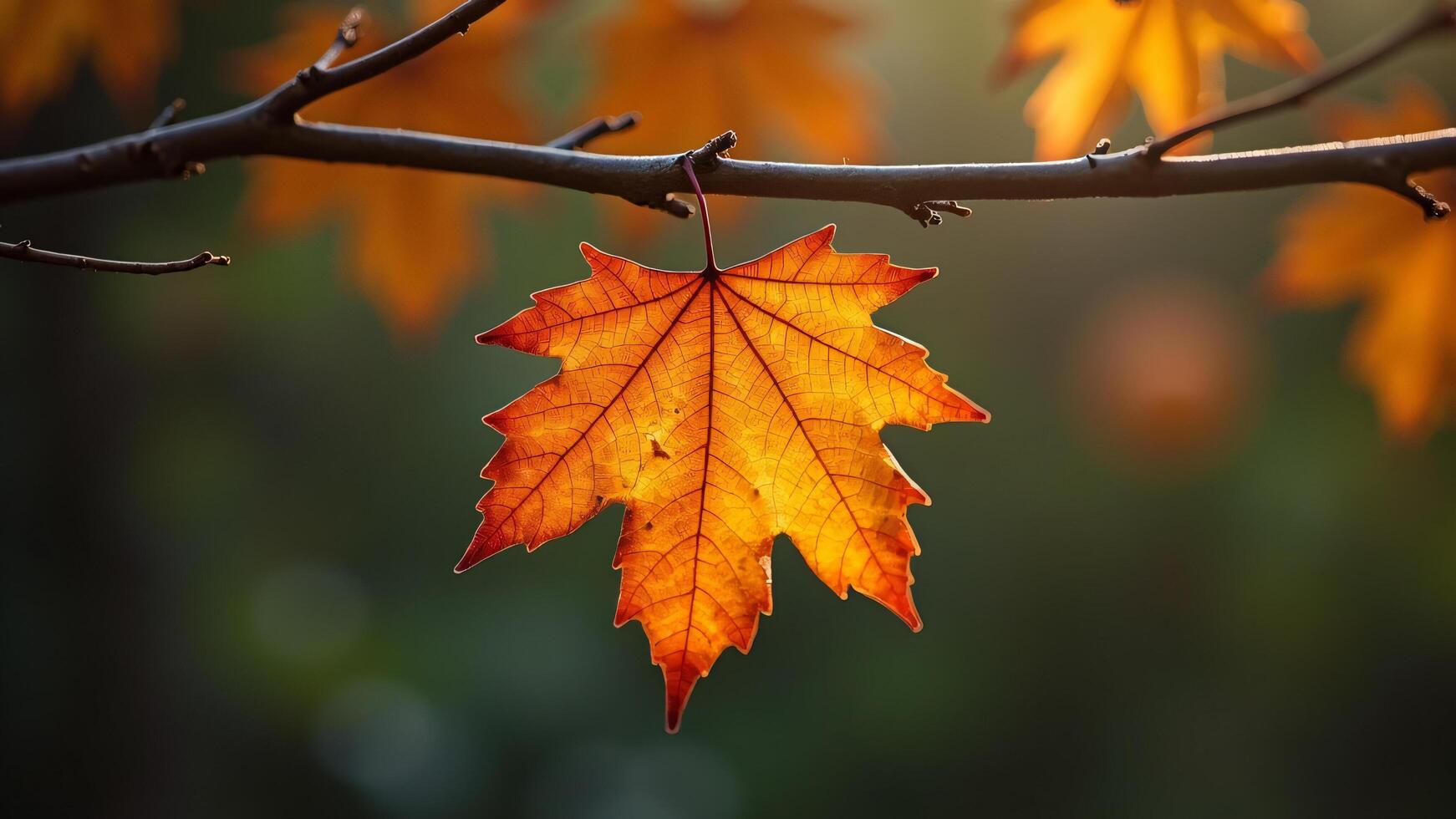 Maple Leaf Hanging from Branch with Blurred Background photo