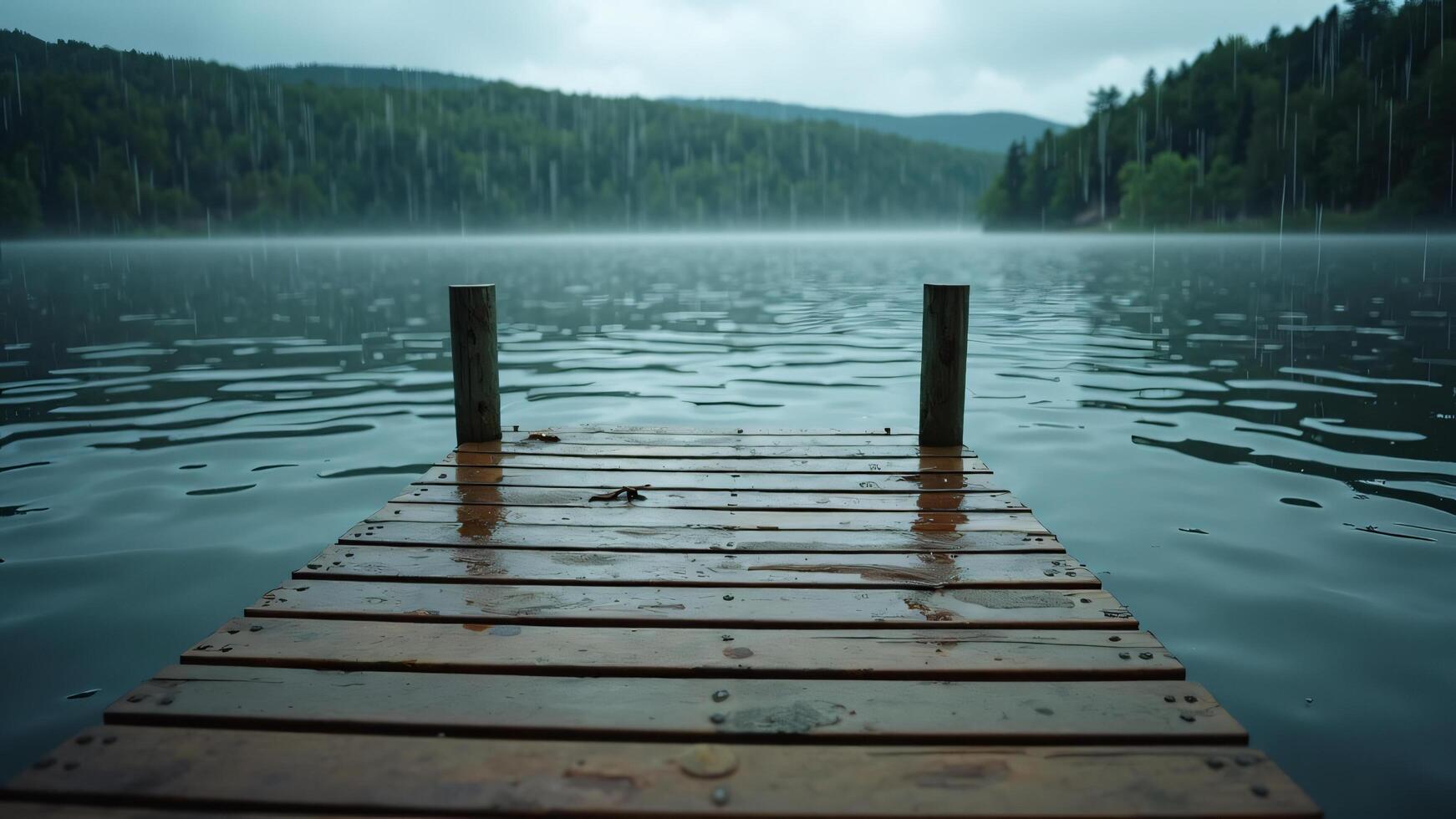 Wooden Dock on Lake with Forest Background in Rain photo