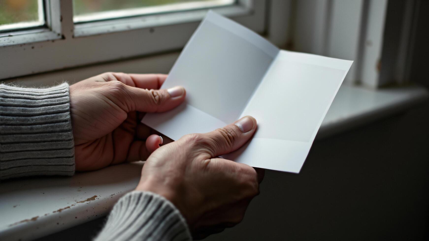 Hands Holding Open White Folded Card Near Window photo