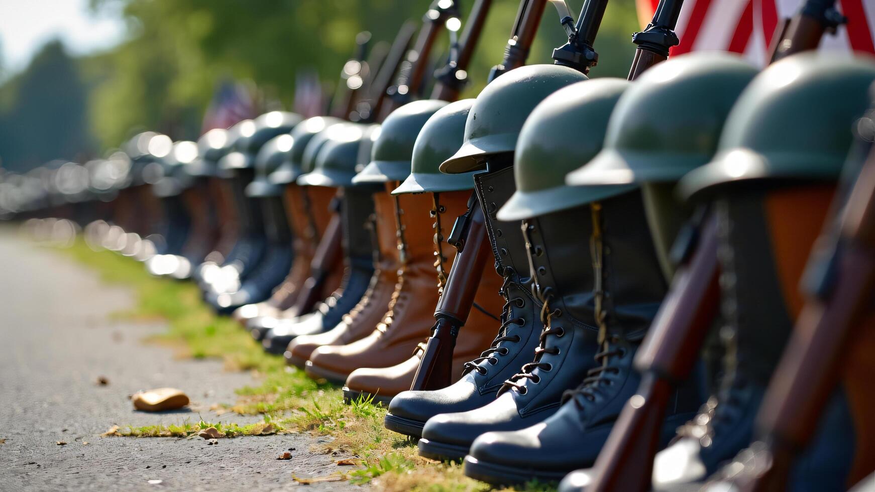Row of Military Boots Rifles and Helmets photo