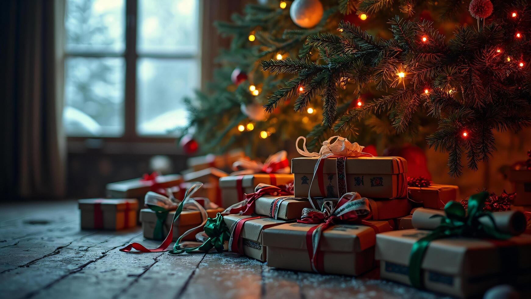 Christmas Tree with Presents on Wooden Floor photo