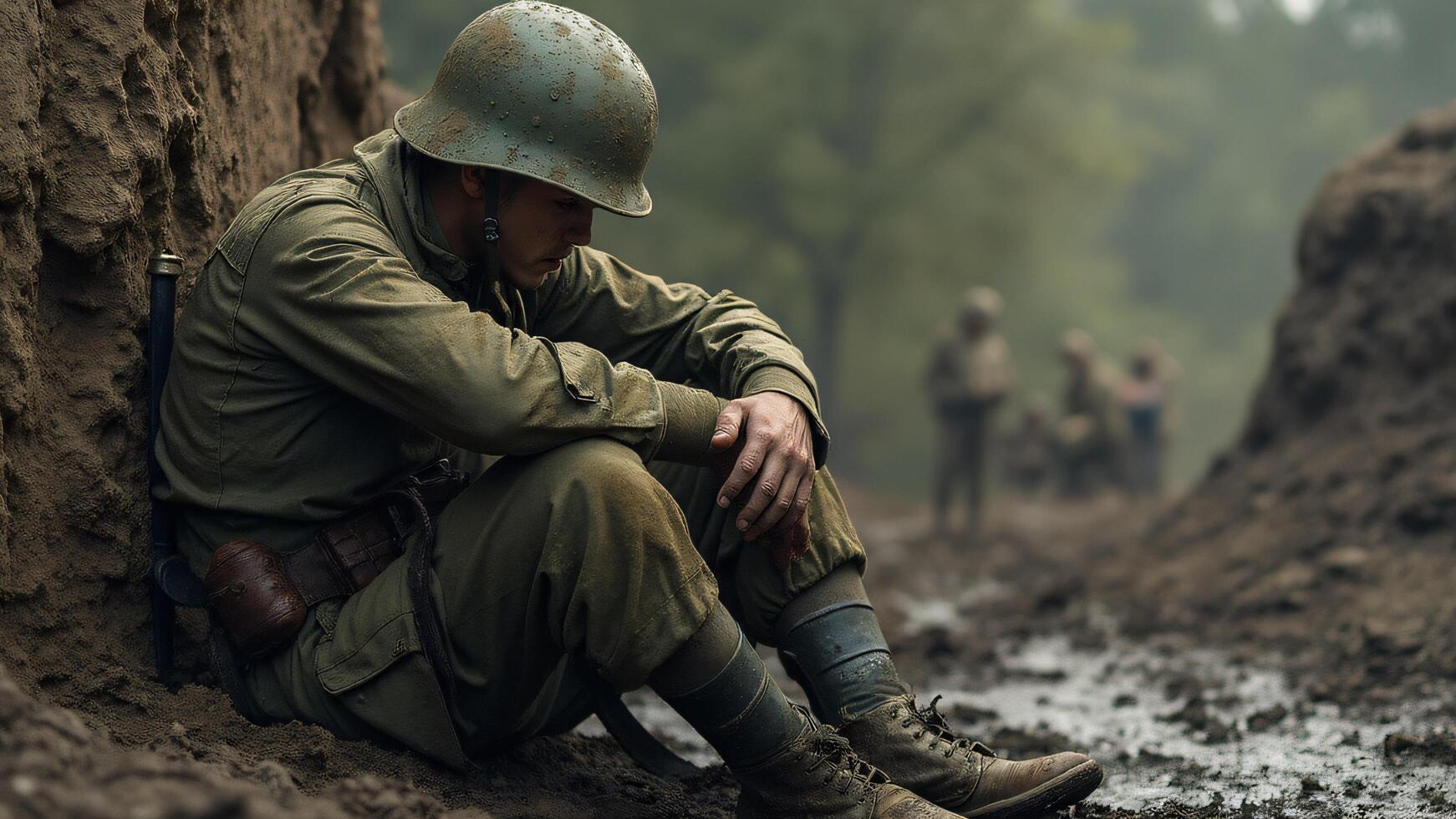 Soldier Sitting in Mud Near Trenches photo