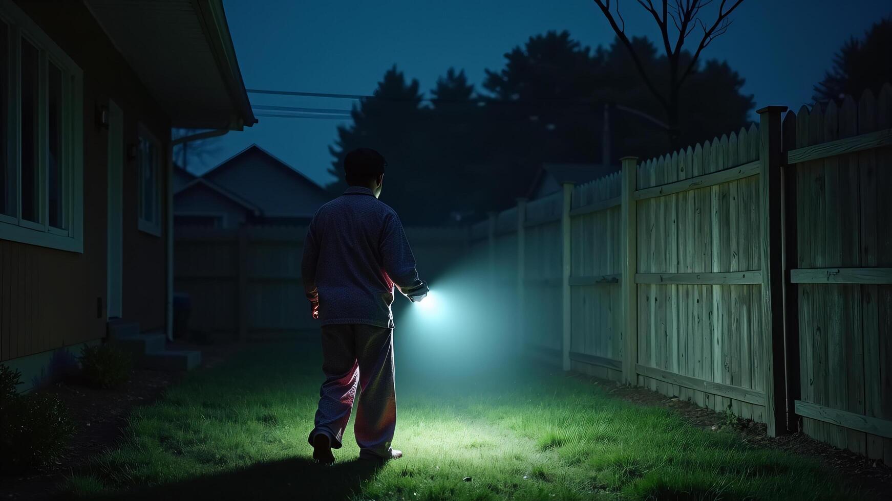 Person with Flashlight in Backyard at Night photo