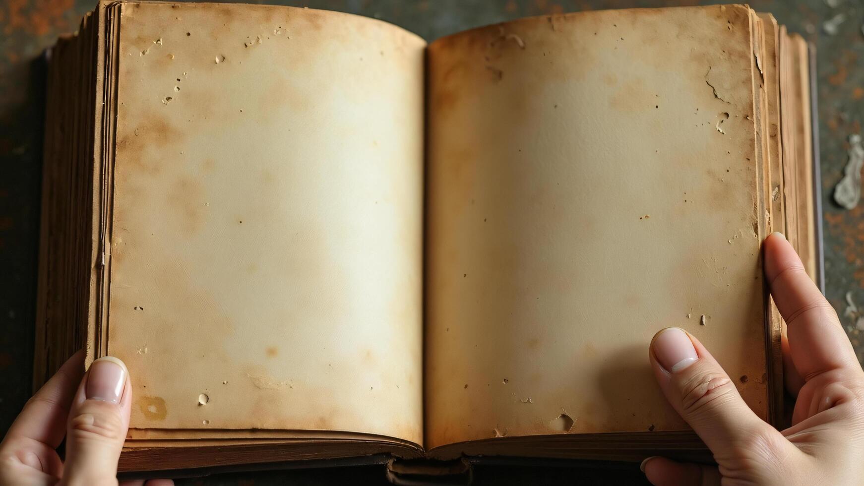 Open Book with Aged Paper Pages and Hands photo