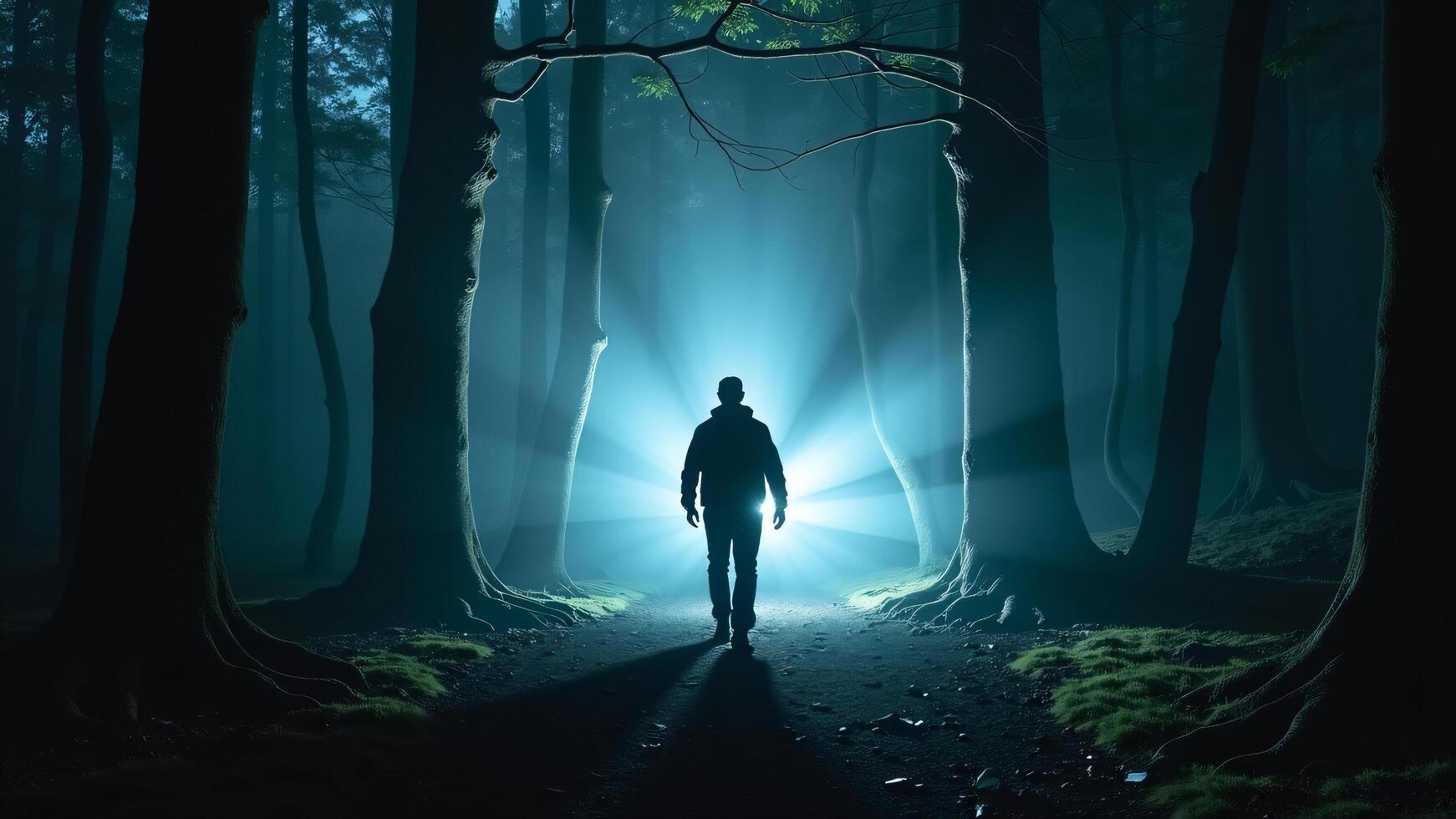 Silhouetted Person Walking Towards Light in Dark Forest photo