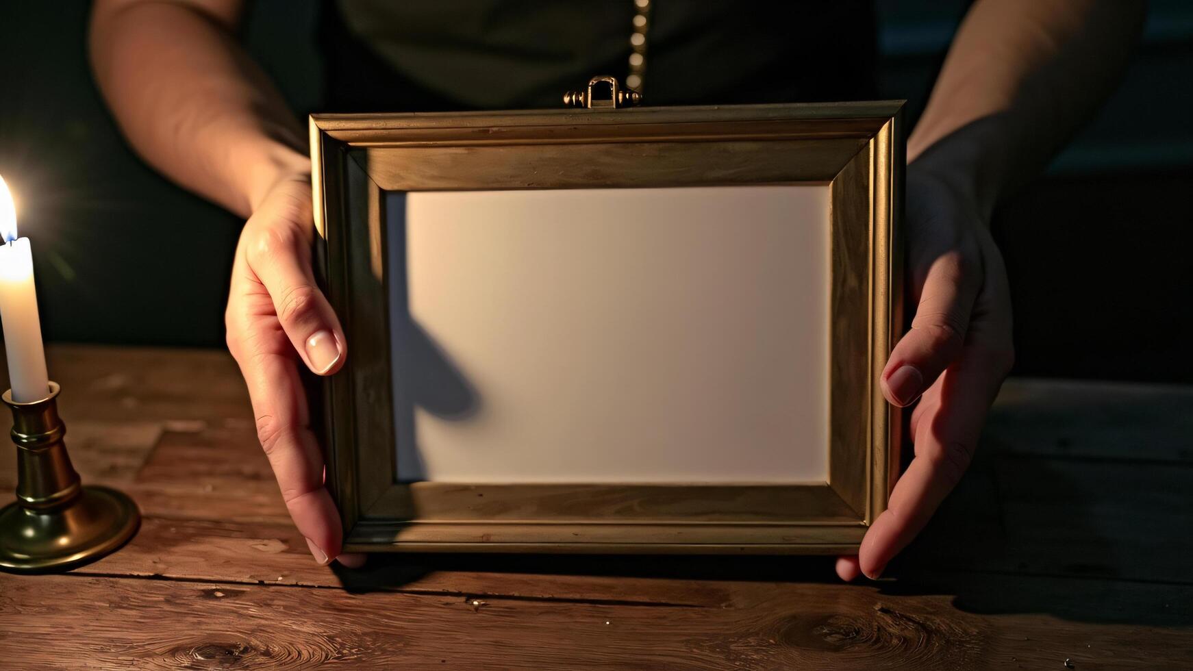 Person Holding Empty Gold Picture Frame Beside Lit Candle photo