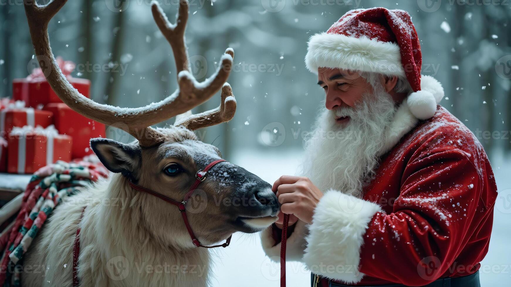 Santa Claus with Reindeer and Gifts in Snowy Forest photo