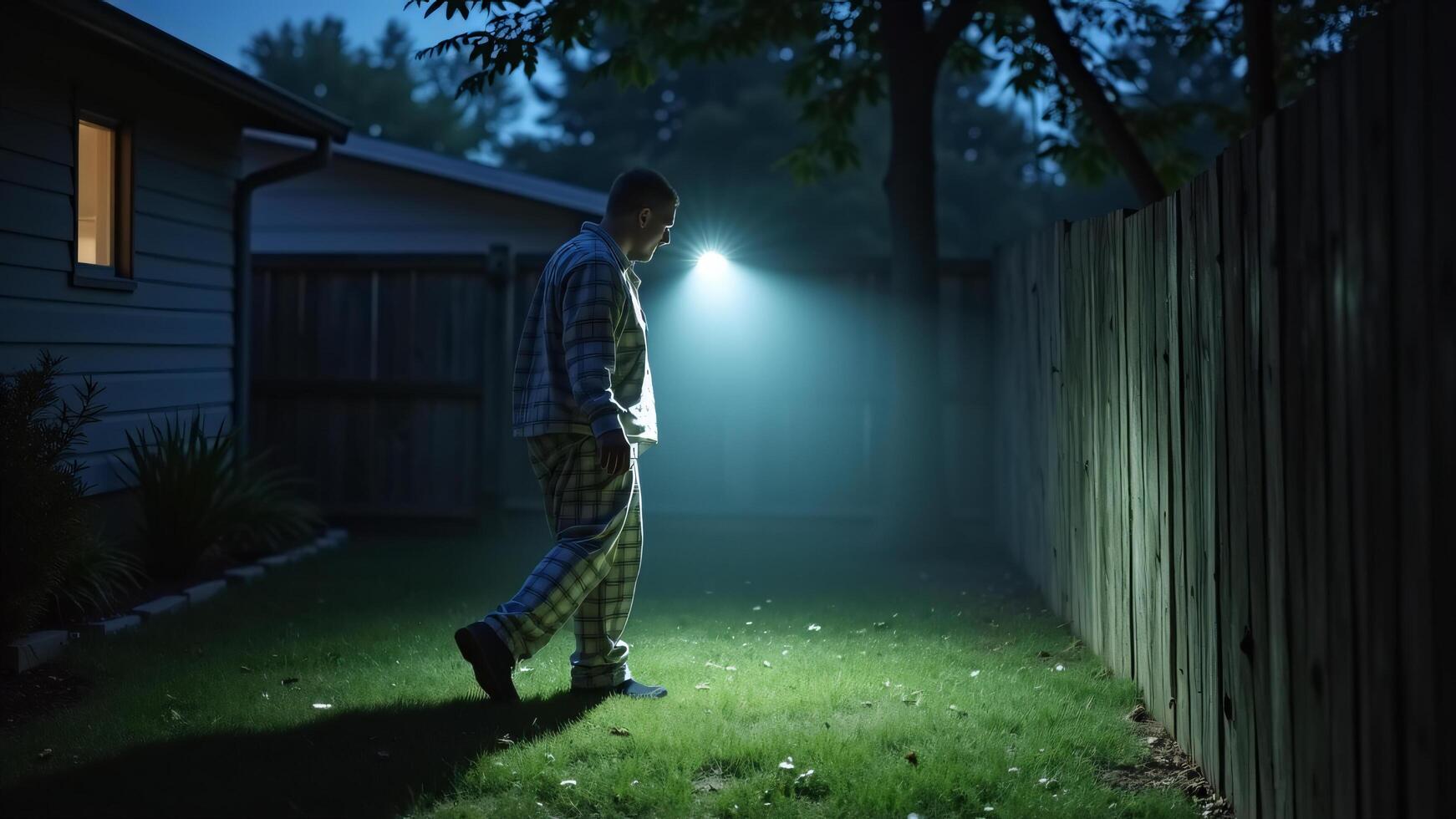Man in Pajamas with Flashlight in Backyard at Night photo