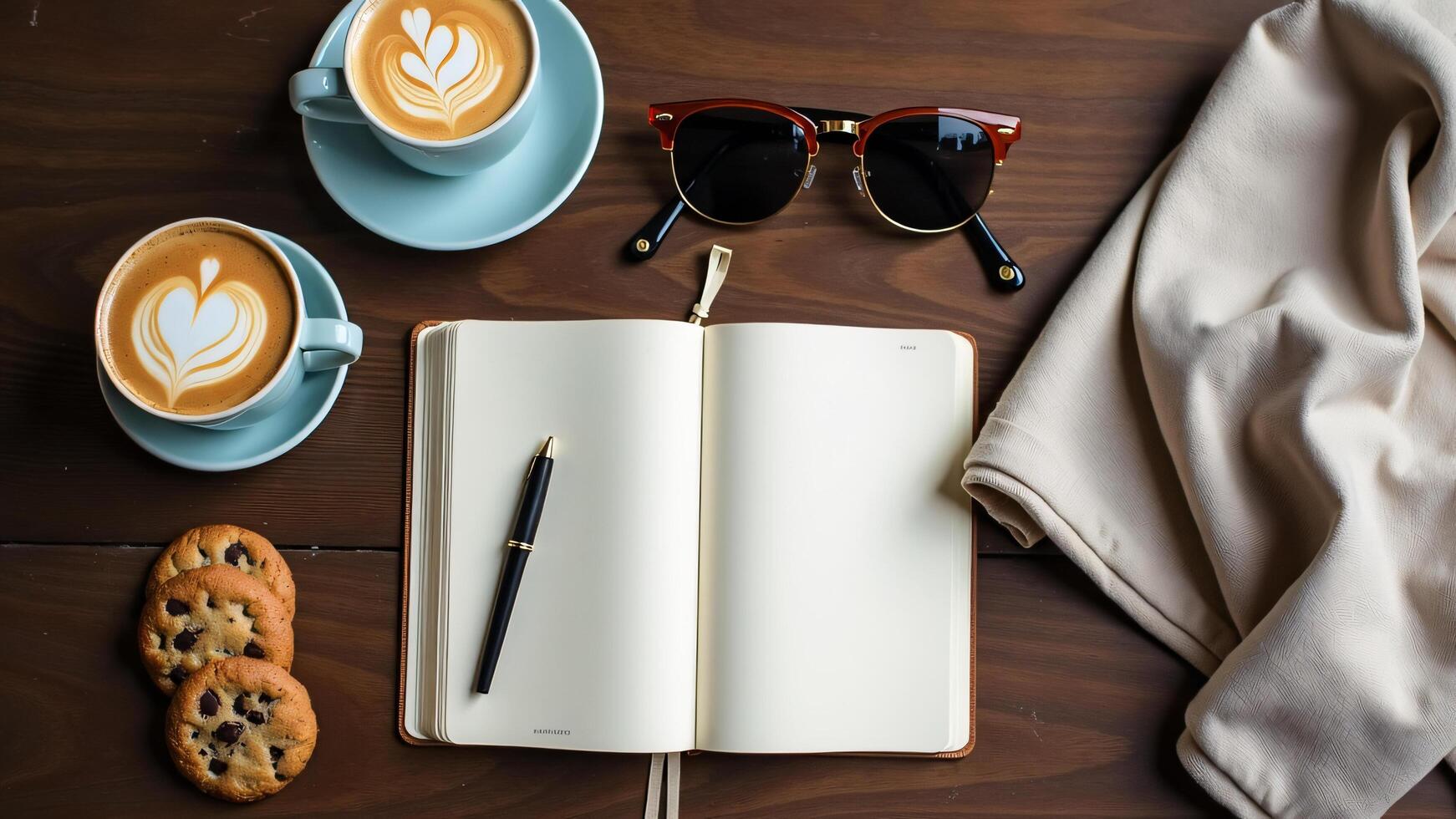 Overhead View of Coffee, Cookies, Journal, and Accessories on Desk photo
