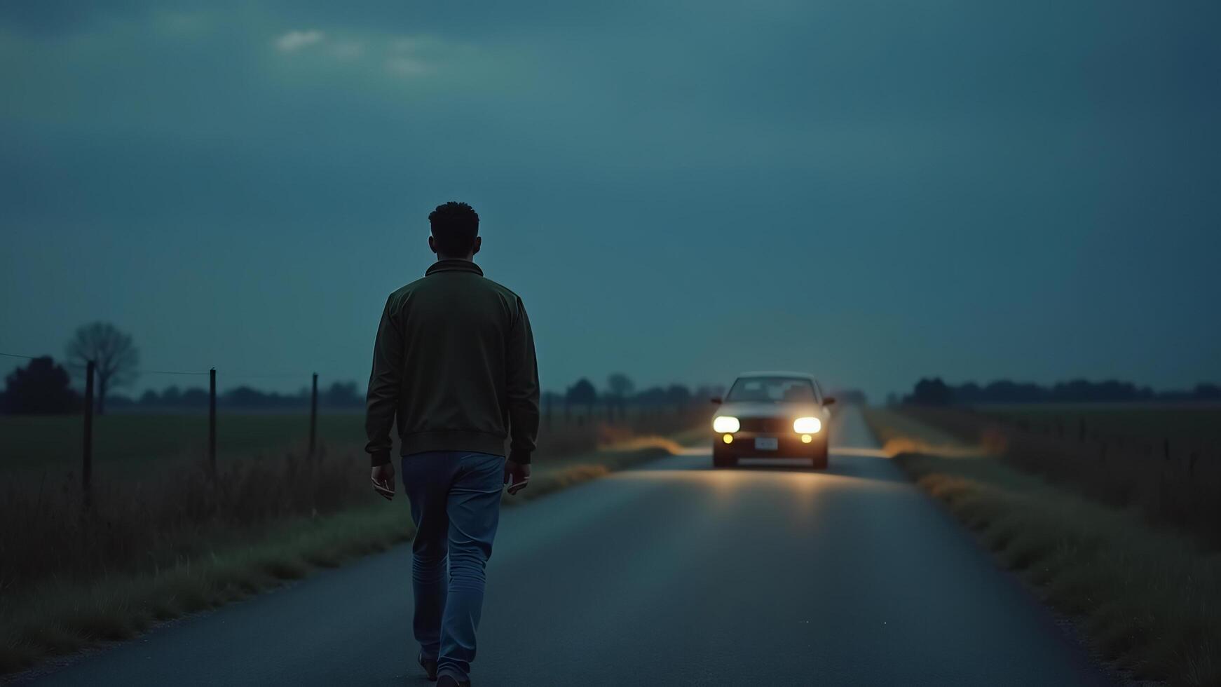 Man Walking on Road at Dusk Facing Approaching Car photo
