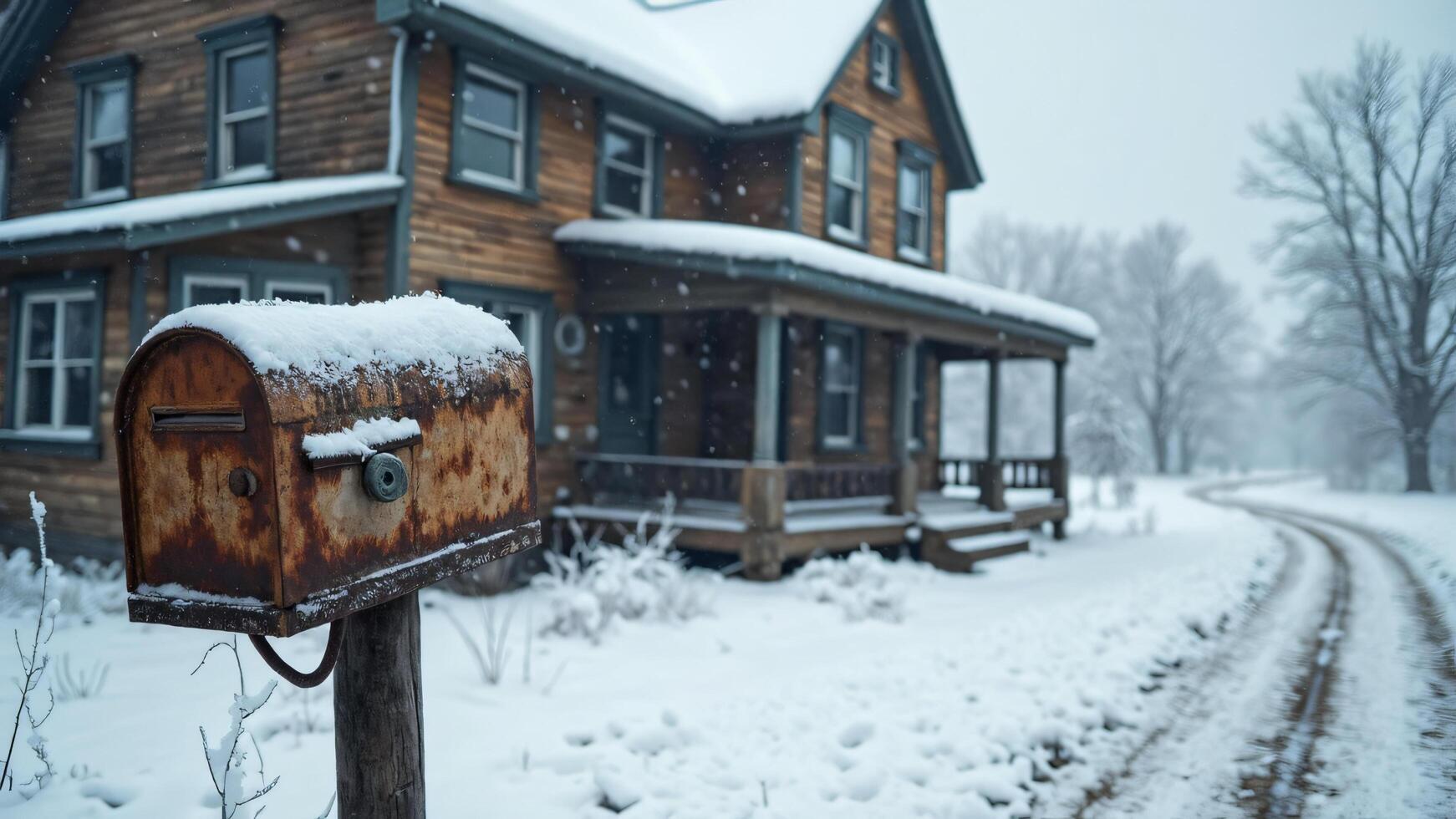Snow Covered Mailbox and House in Winter photo