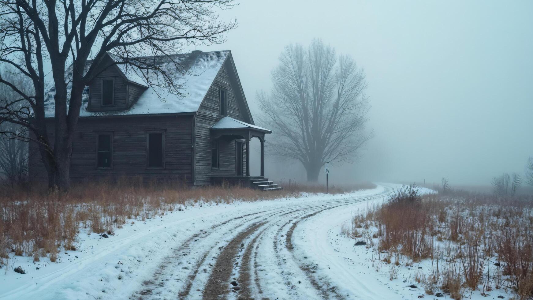Weathered House in Winter Fog photo
