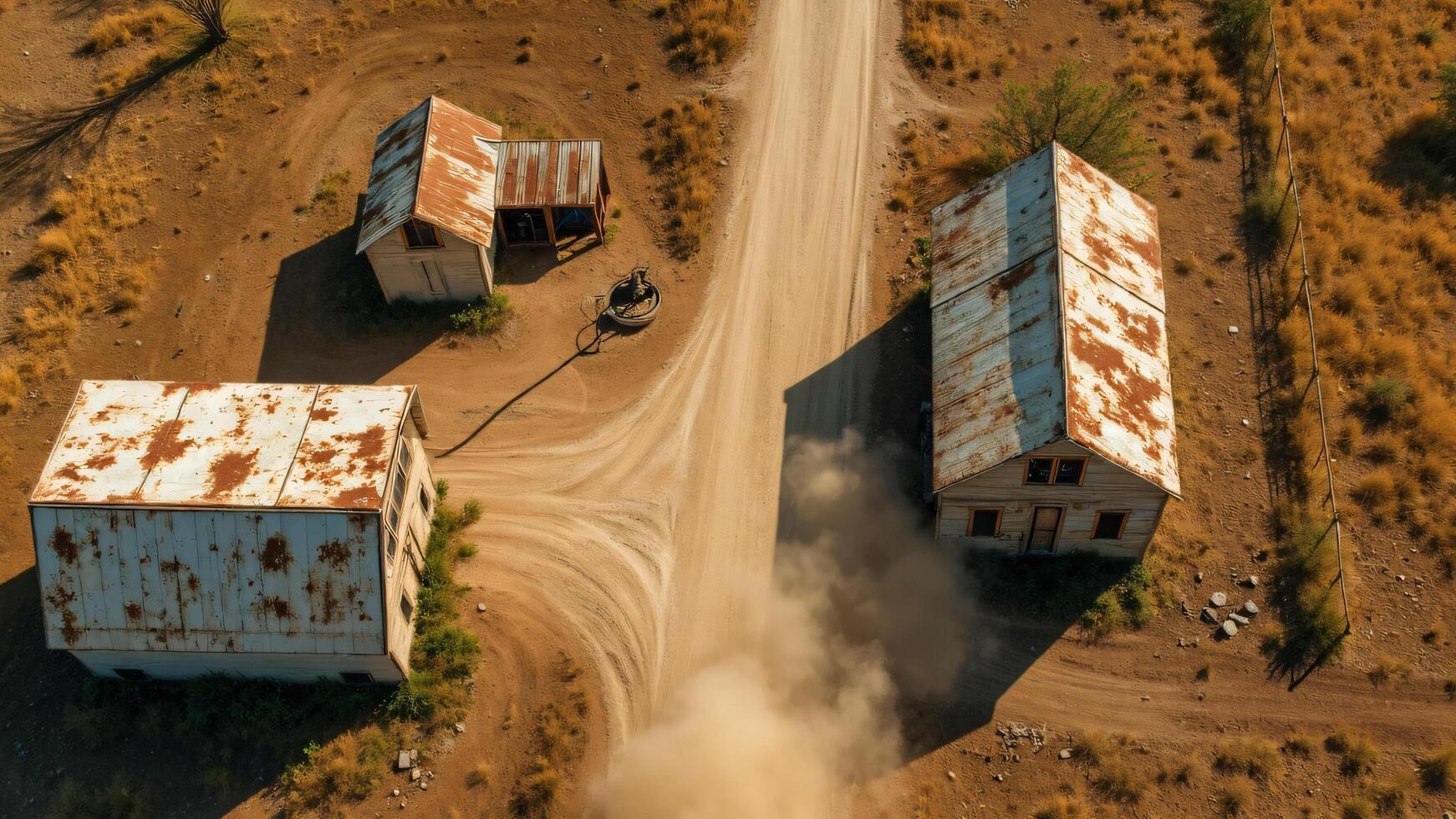 Aerial View of Three Buildings and a Dirt Road in a Desert Landscape photo