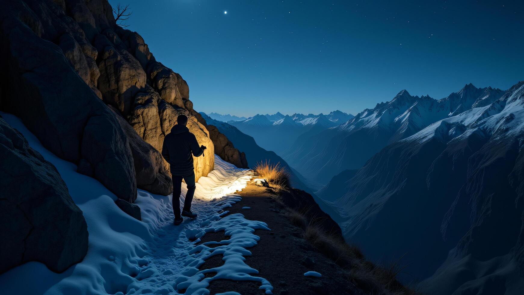 Man Hiking Mountain Path at Night with Flashlight and Snowy Peaks photo