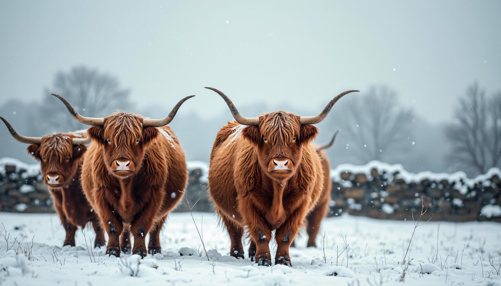 Three Highland Cattle Standing in Snowy Field photo