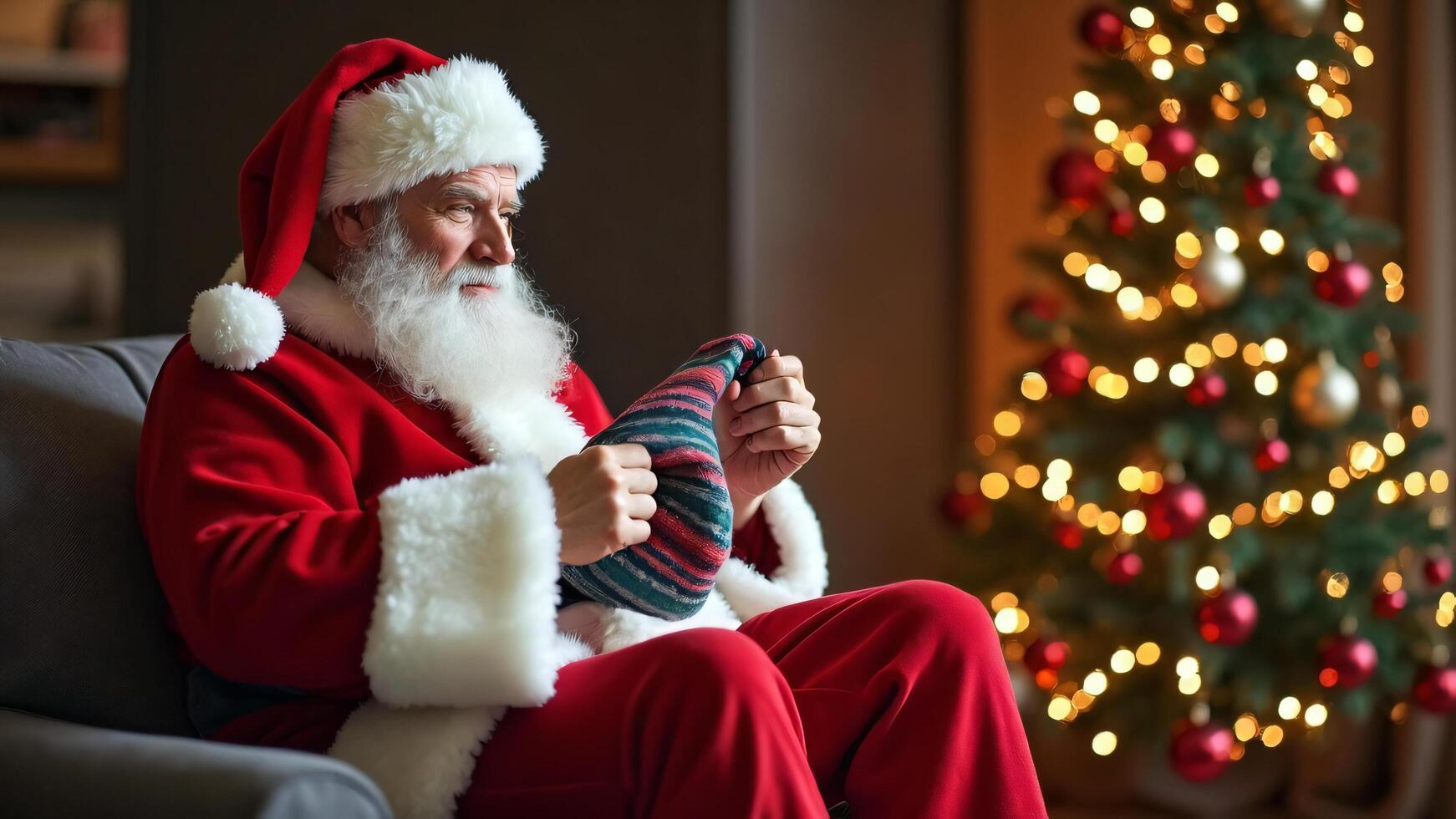 Santa Claus Holding Striped Stocking Near Christmas Tree photo