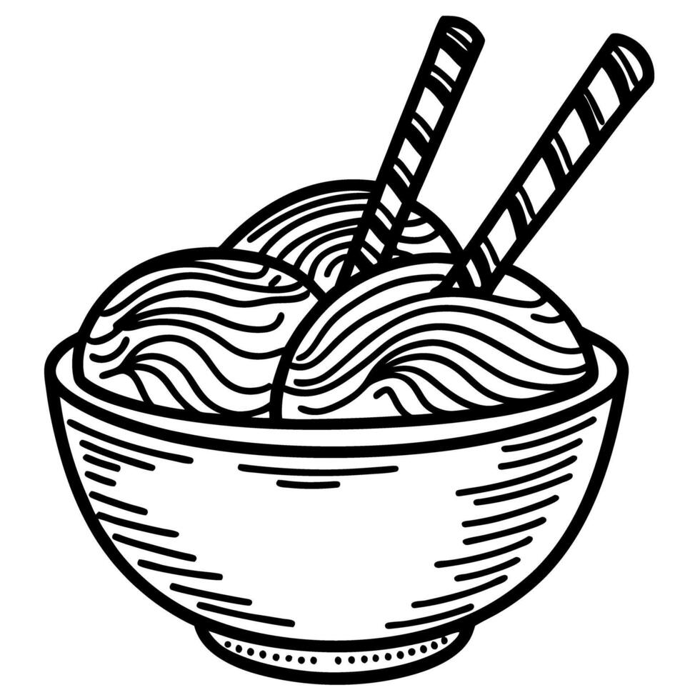 illustration of a dessert bowl with ice cream and wafer sticks in black and white vector