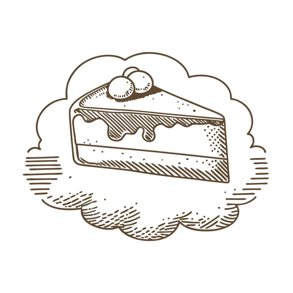vintage sketch of cherry topped cake slice on a cloud background vector
