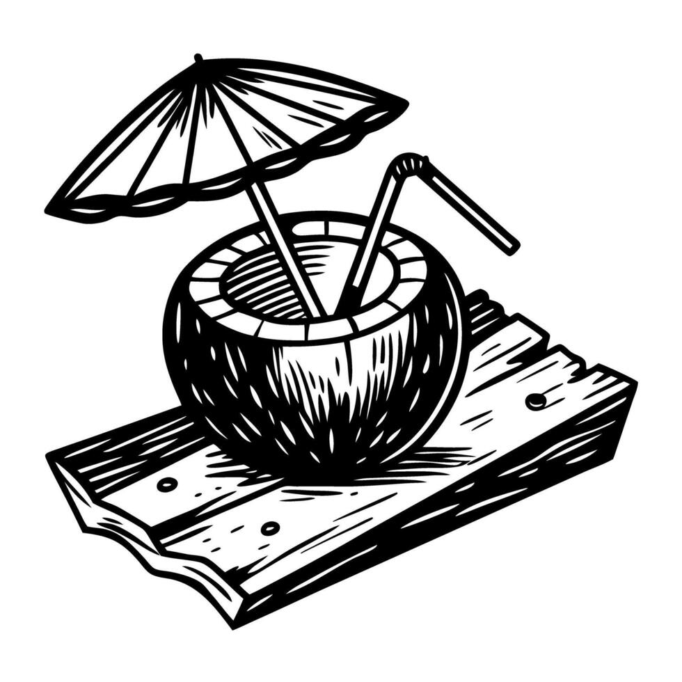 refreshing coconut drink with umbrella and straw on rustic wooden board, summer vacation vibe vector