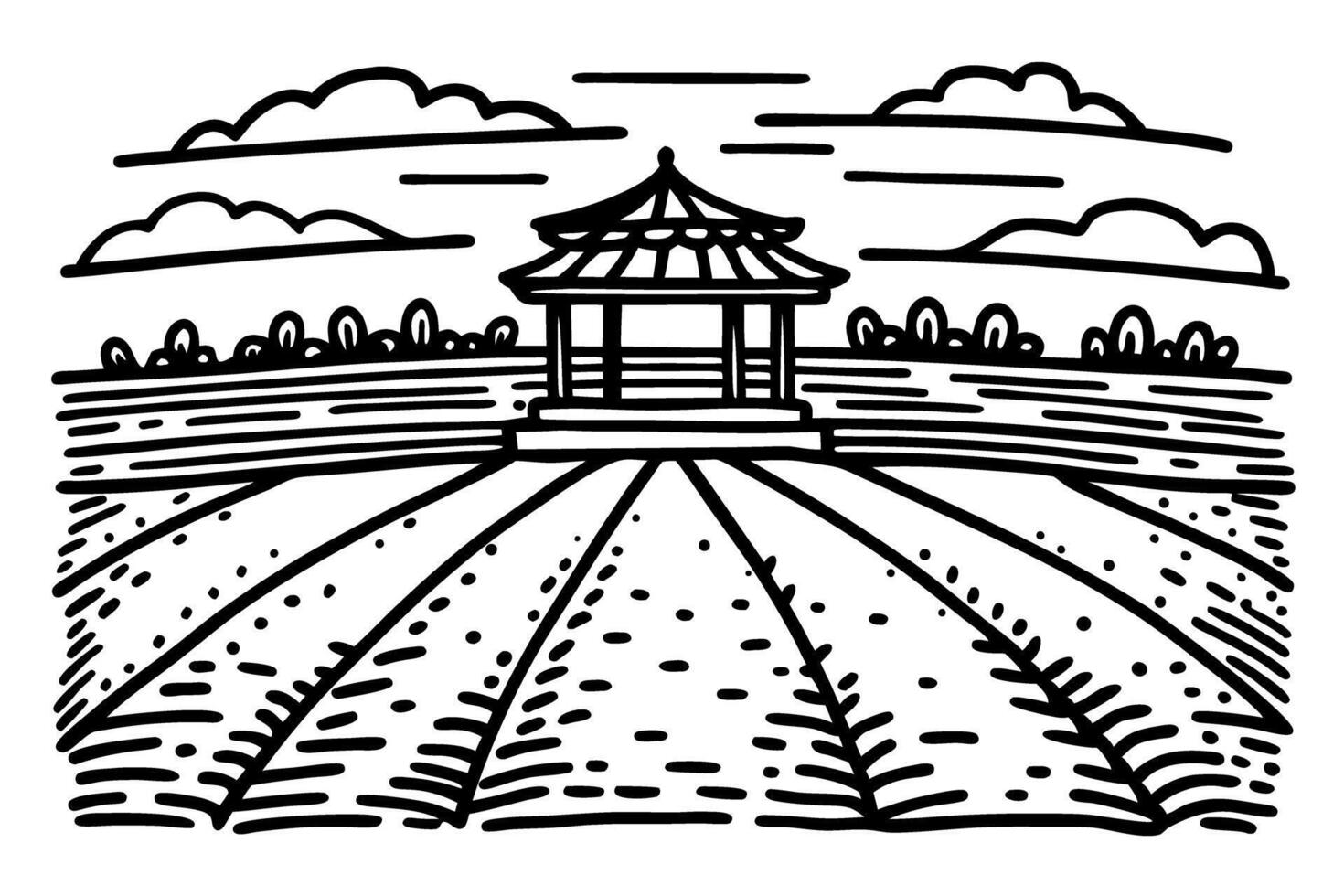 black and white illustration of a gazebo in a field with clouds and pathways vector