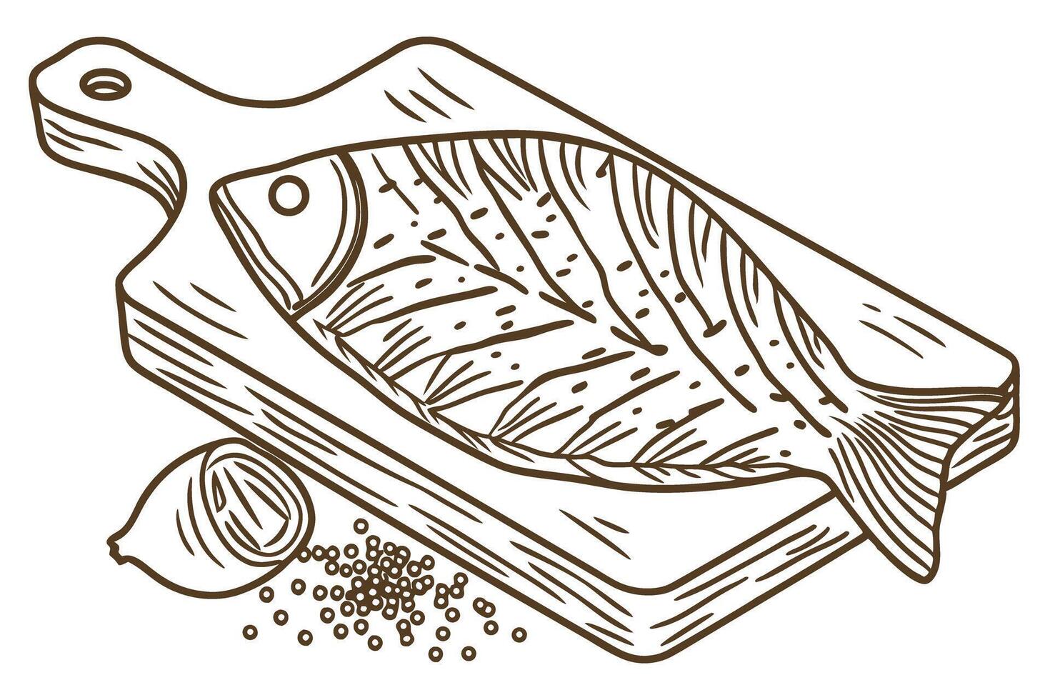 Herb seasoned fish sketch on cutting board with onion and peppercorns, culinary essentials vector