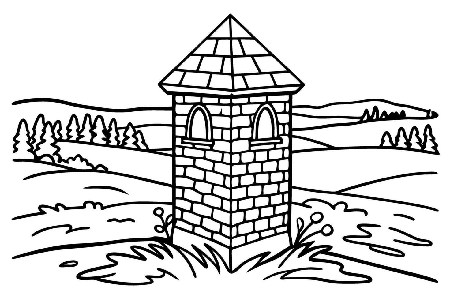 stone tower in countryside landscape with rolling hills and trees, line art vector