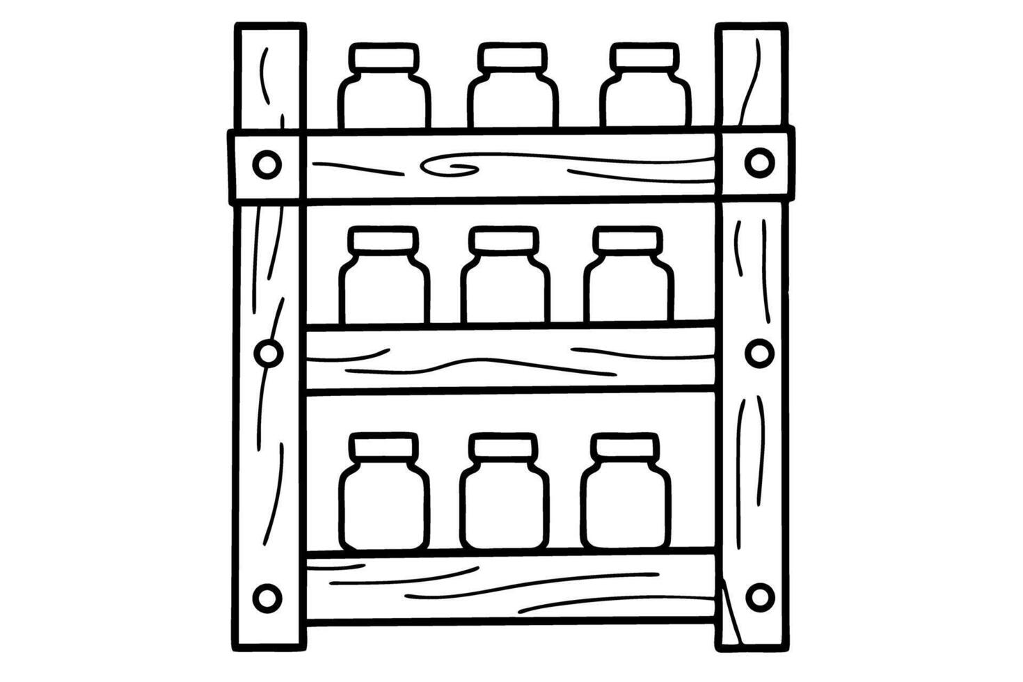 Wooden shelf with rows of jars for storage and organization in kitchen or pantry vector