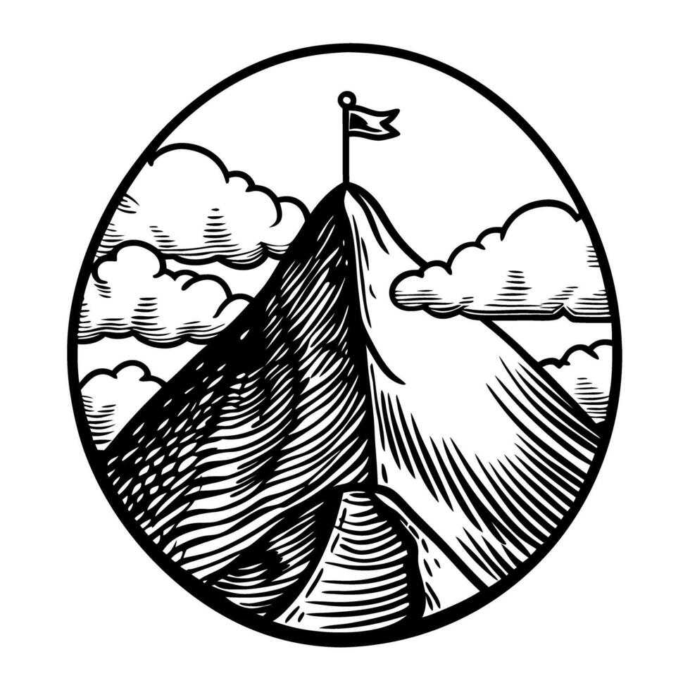 Mountain peak flag design achievement and success, hand drawn illustration with clouds vector