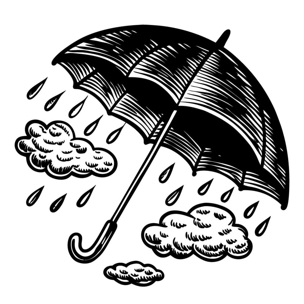 vintage umbrella and rain clouds illustration with raindrops and shaded design in black and white vector