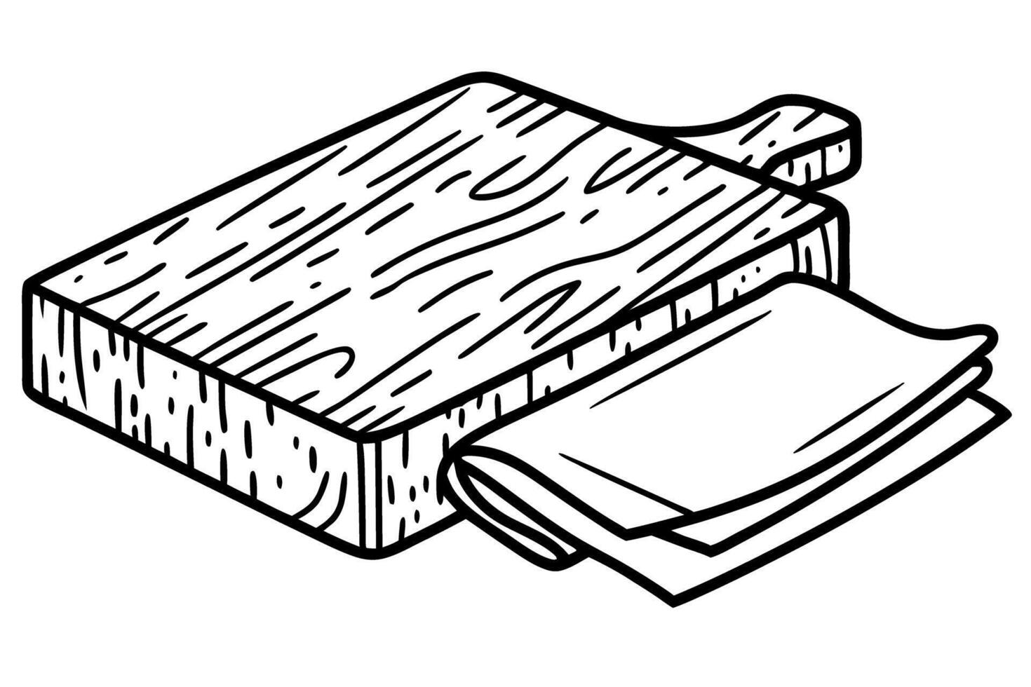 rustic wooden cutting board with stylish kitchen towel in black and white line art vector