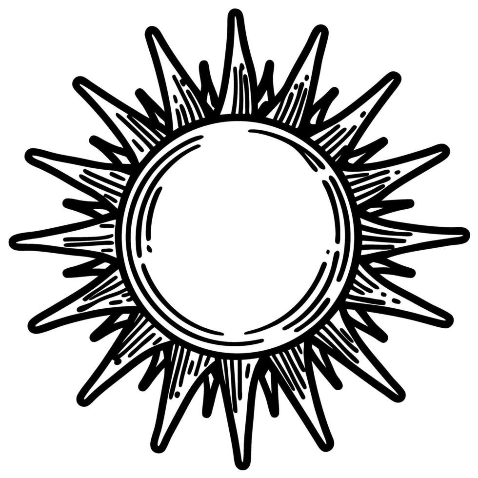 Intricate sun illustration with radiant beams in black and white line art vector