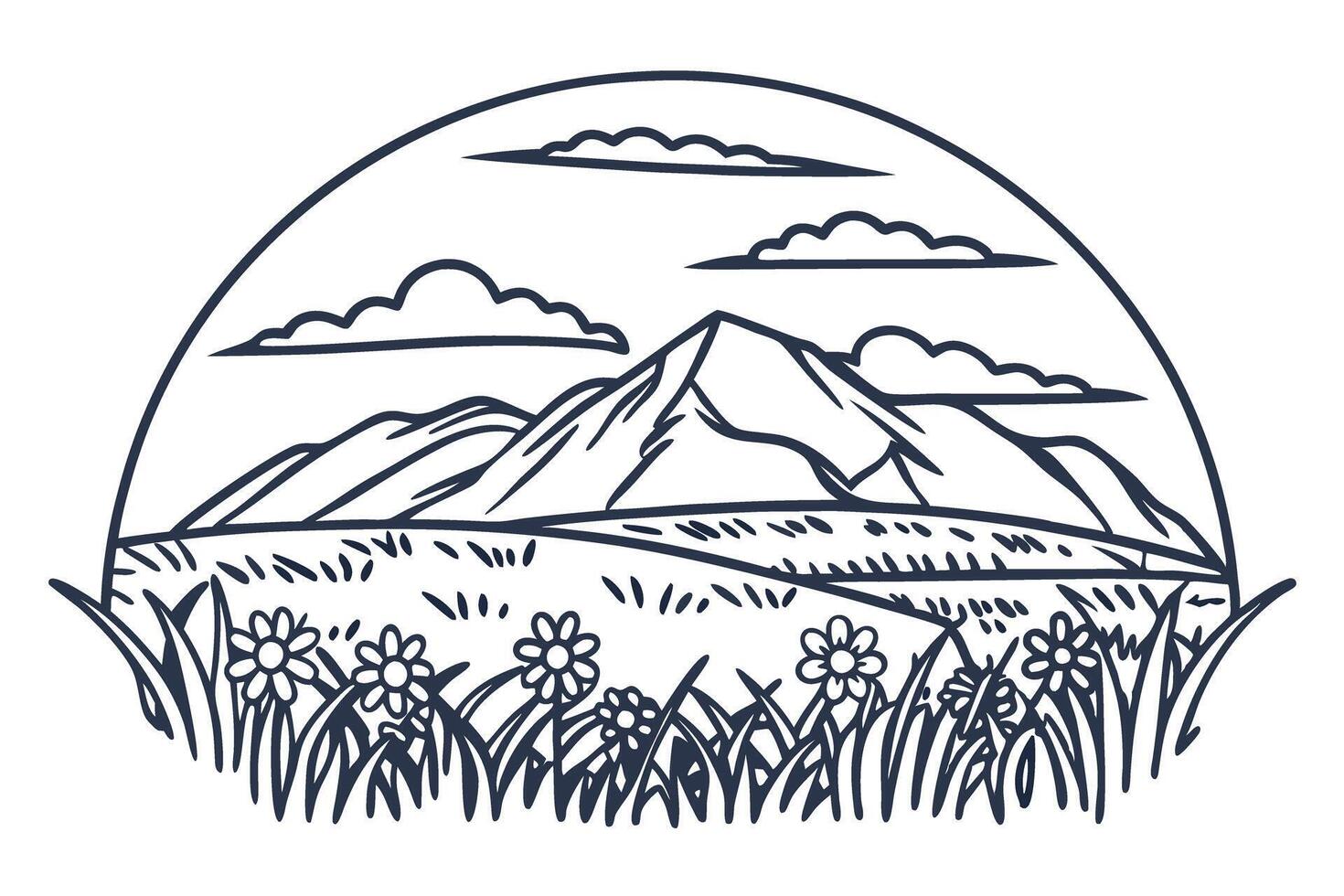 mountain landscape with wildflowers and clouds in line art nature, serene scenery, outdoor illustration vector