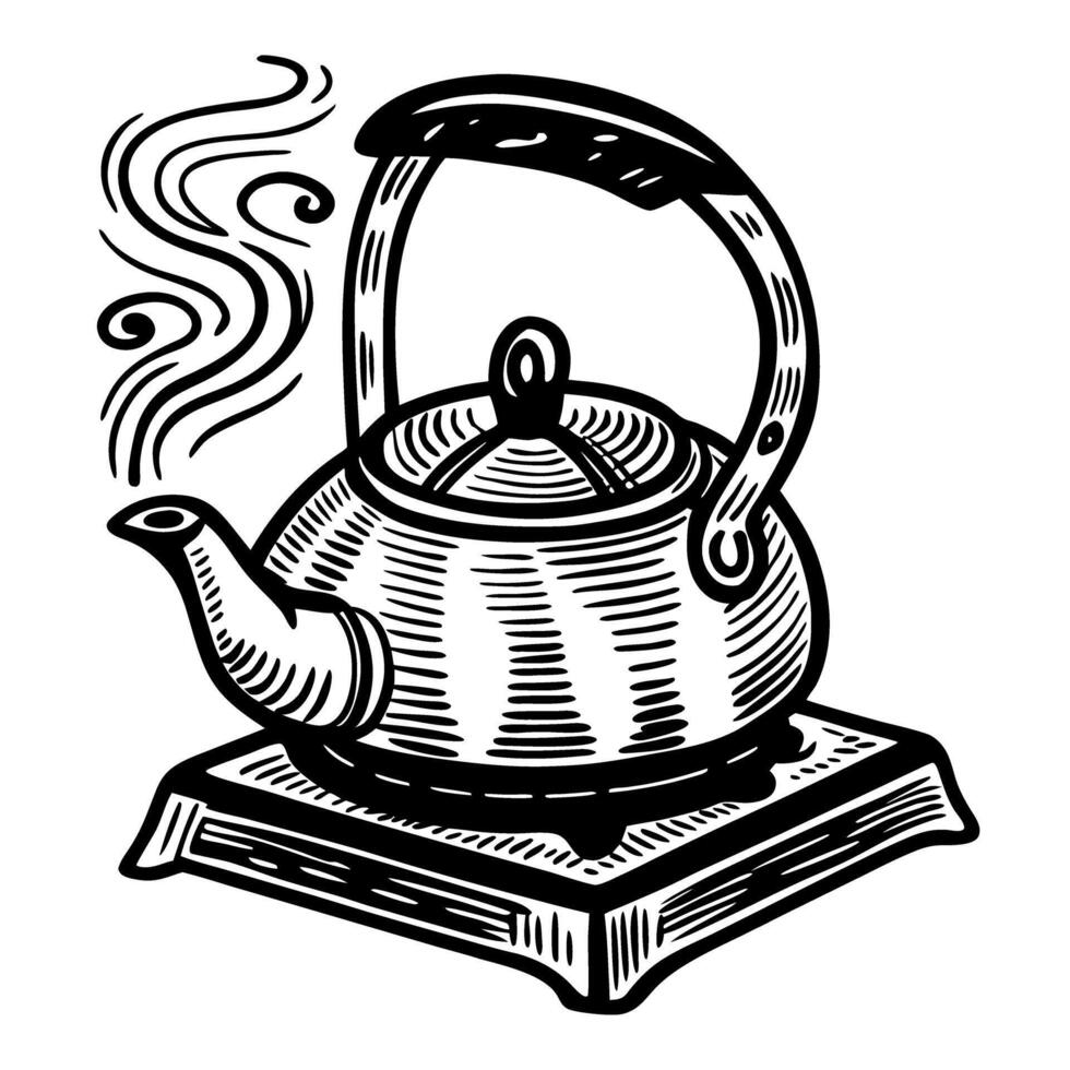 vintage teapot illustration detailed black and white design with steam and handle vector