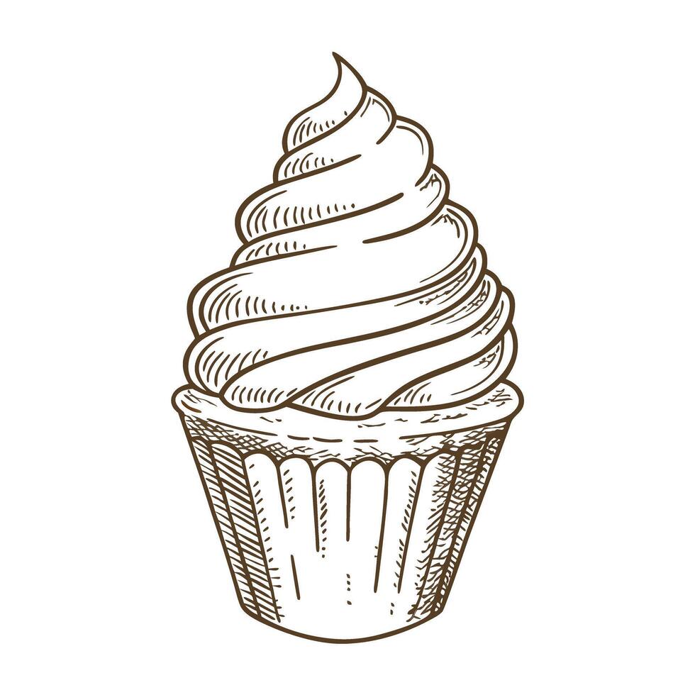 vintage cupcake illustration detailed hand drawn dessert, frosting swirl, bakery art sketch vector