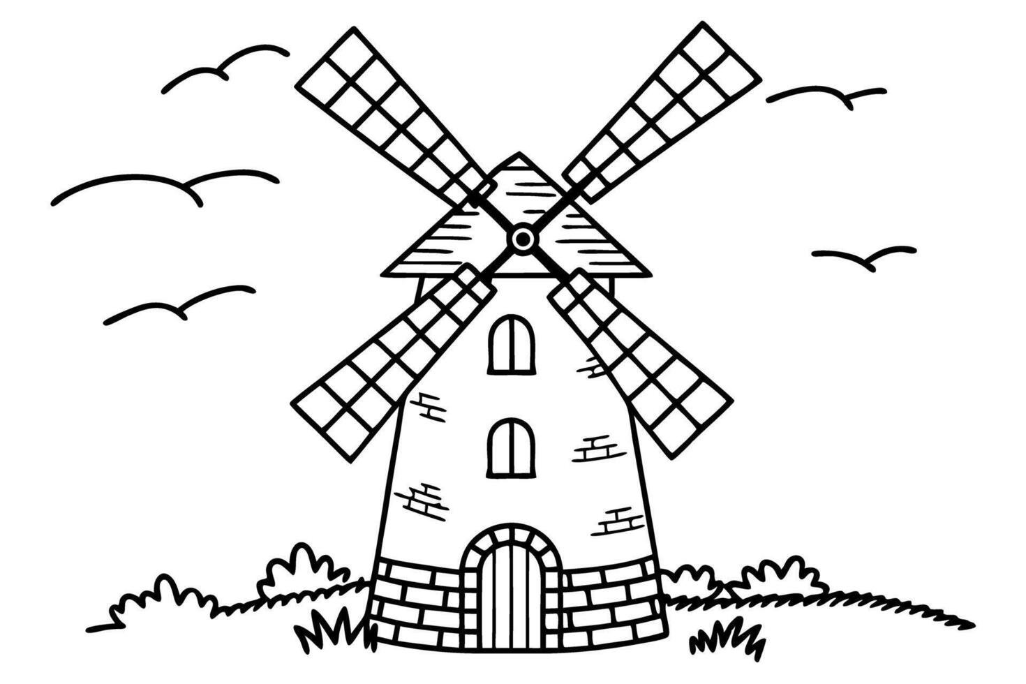 windmill illustration old fashioned rural building with spinning blades and flying birds vector