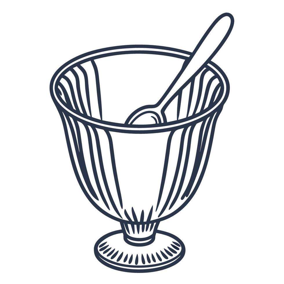 Classic dessert glass with spoon, simple line art of elegant diningware design vector