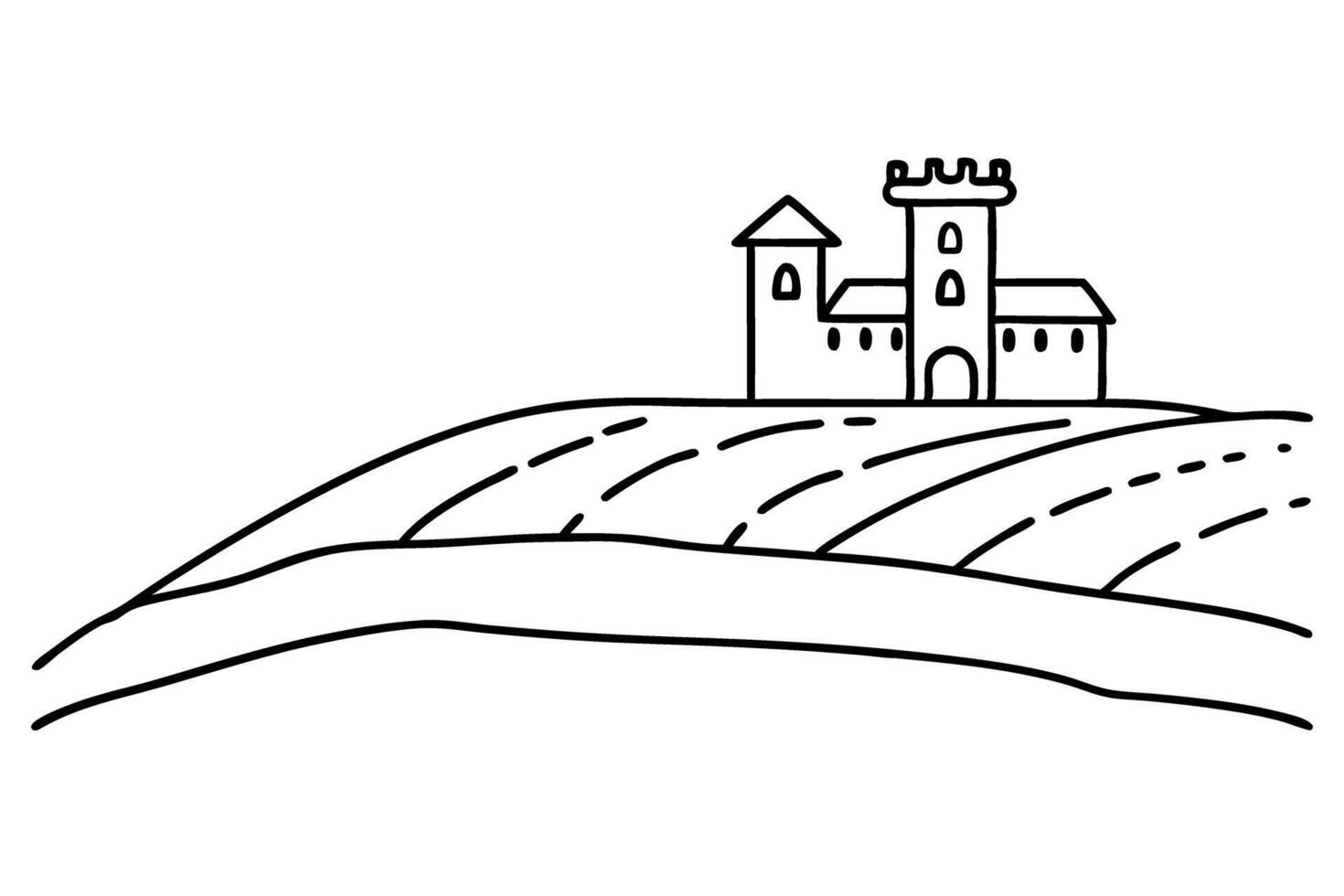 medieval hilltop castle sketch with rolling fields in simple black and white line drawing vector