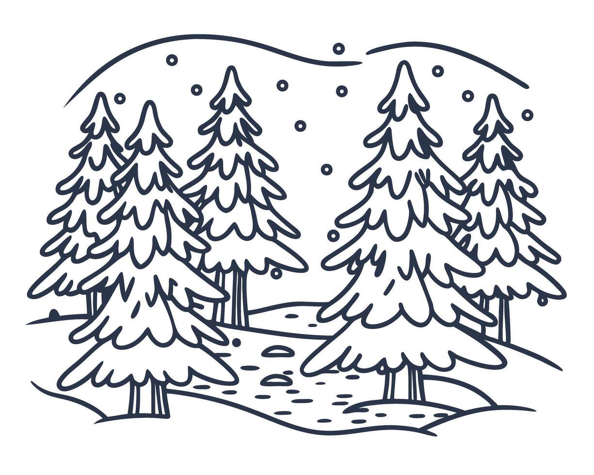 Winter forest scene with snowy pine trees, simple line art illustration vector