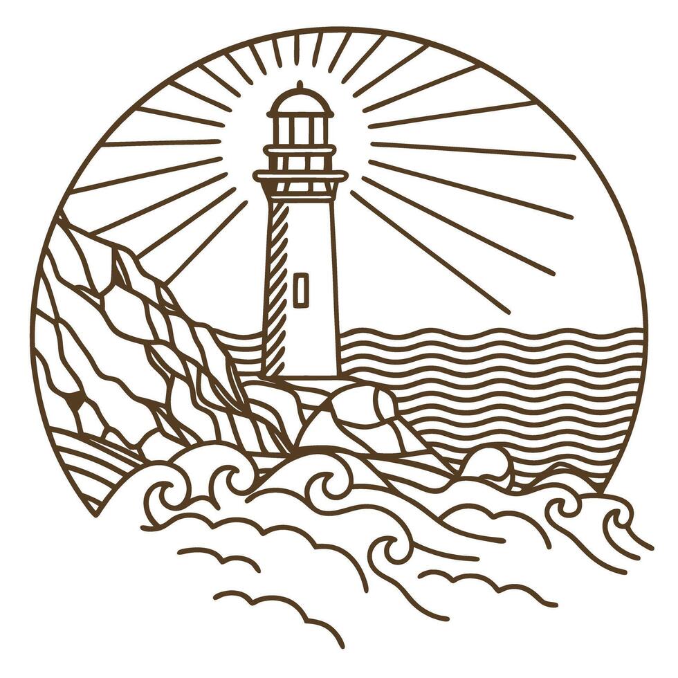 Lighthouse and waves illustration, coastal beacon by the sea, nautical maritime scene vector