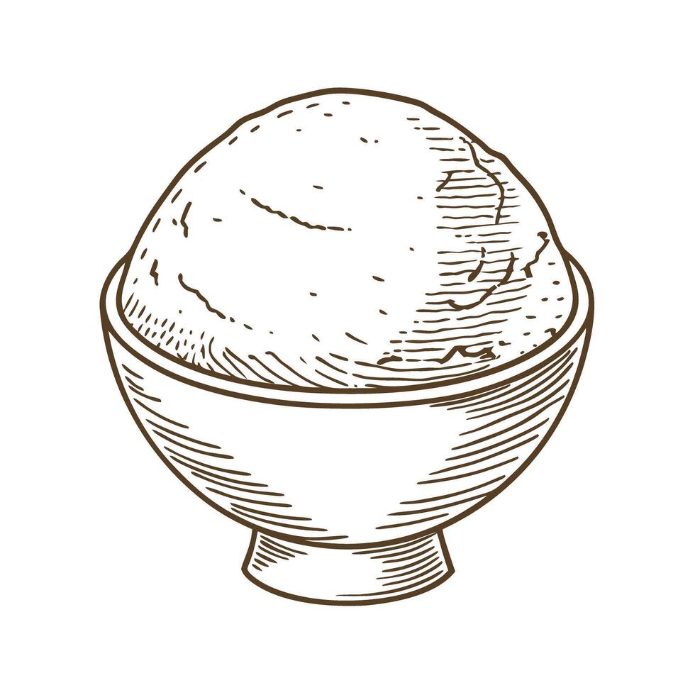 hand drawn ice cream scoop in bowl, vintage line art illustration vector